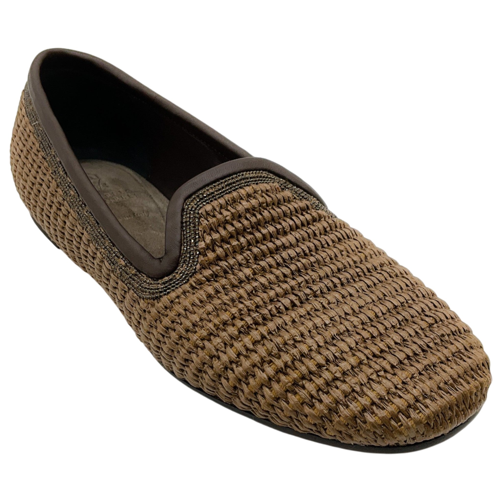 Brunello Cucinelli Brown Woven Raffia Flats with Monili
