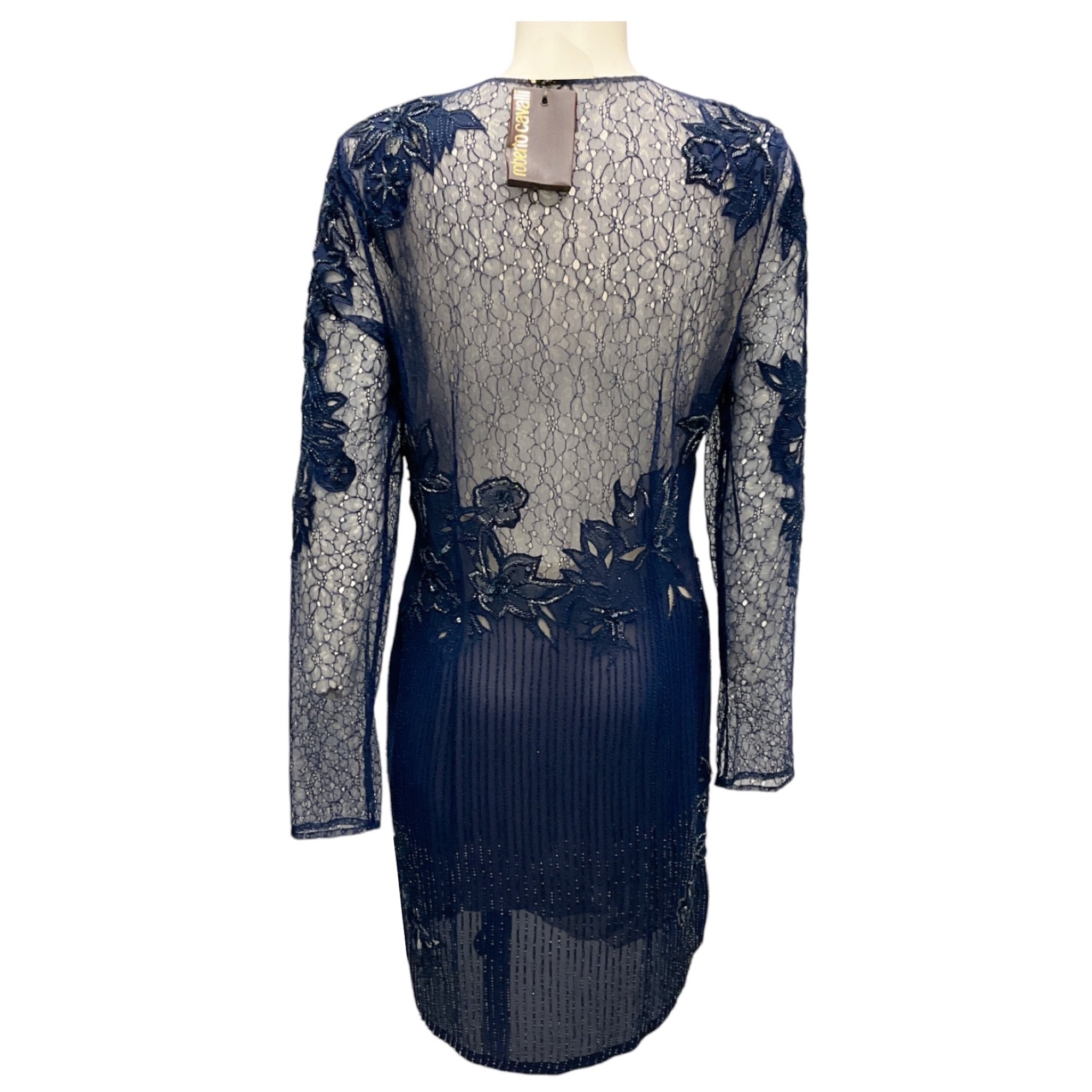 Roberto Cavalli Navy Bead and Sequin Embellished Lace Cocktail Dress