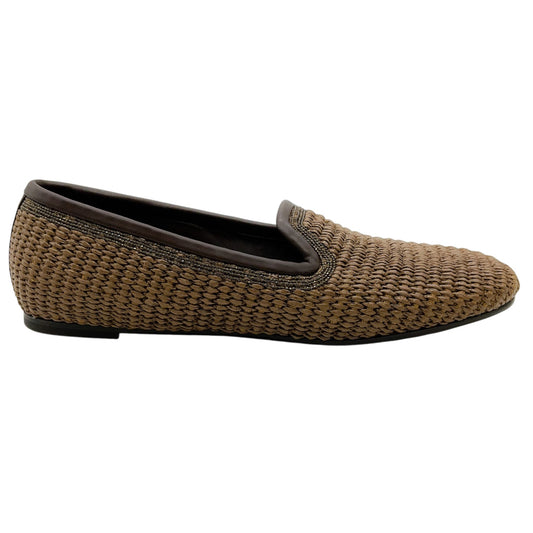 Brunello Cucinelli Brown Woven Raffia Flats with Monili