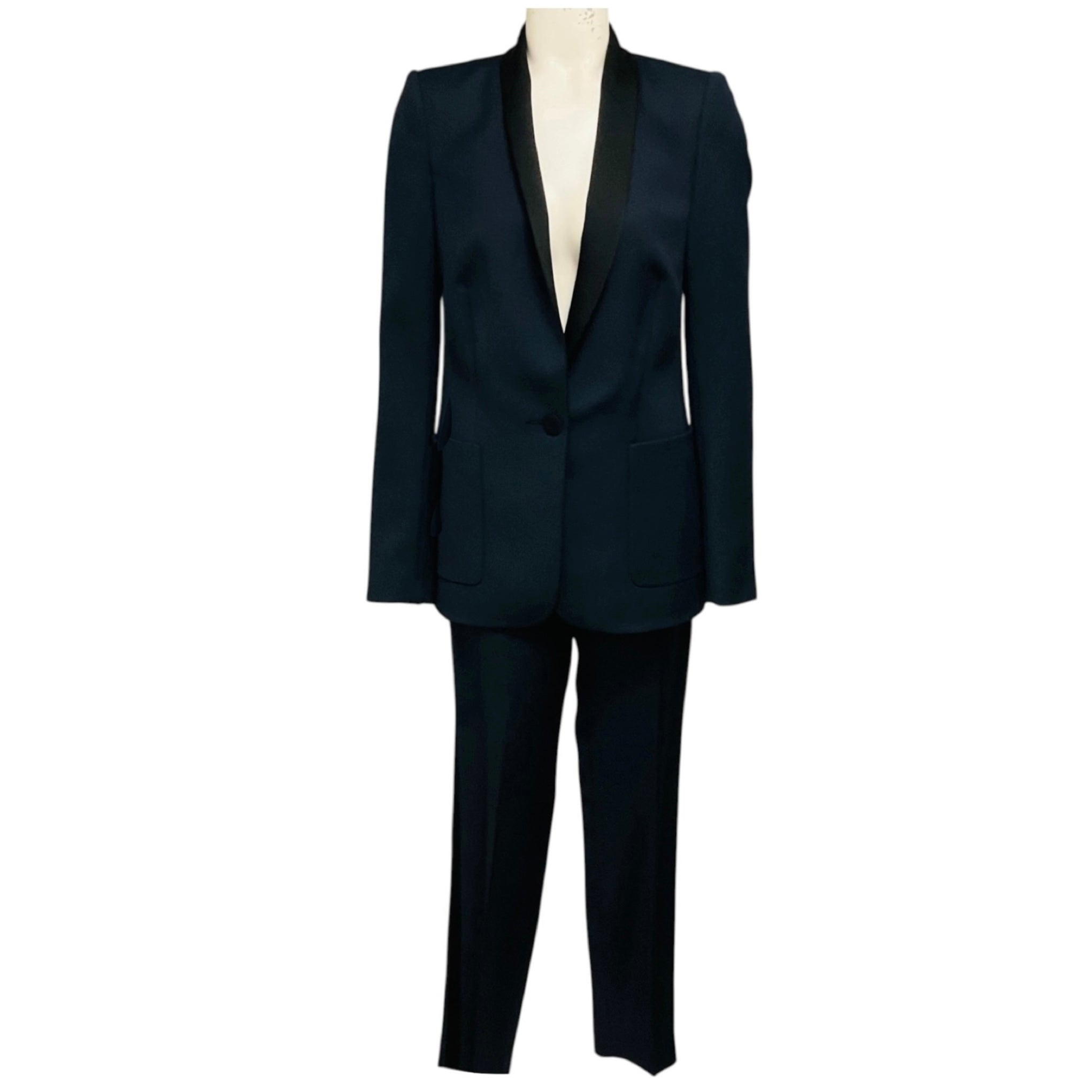 Pallas Navy Blue / Black Satin Trimmed Wool Crepe Jacket and Pants Suit Set