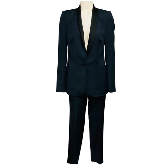 Pallas Navy Blue / Black Satin Trimmed Wool Crepe Jacket and Pants Suit Set