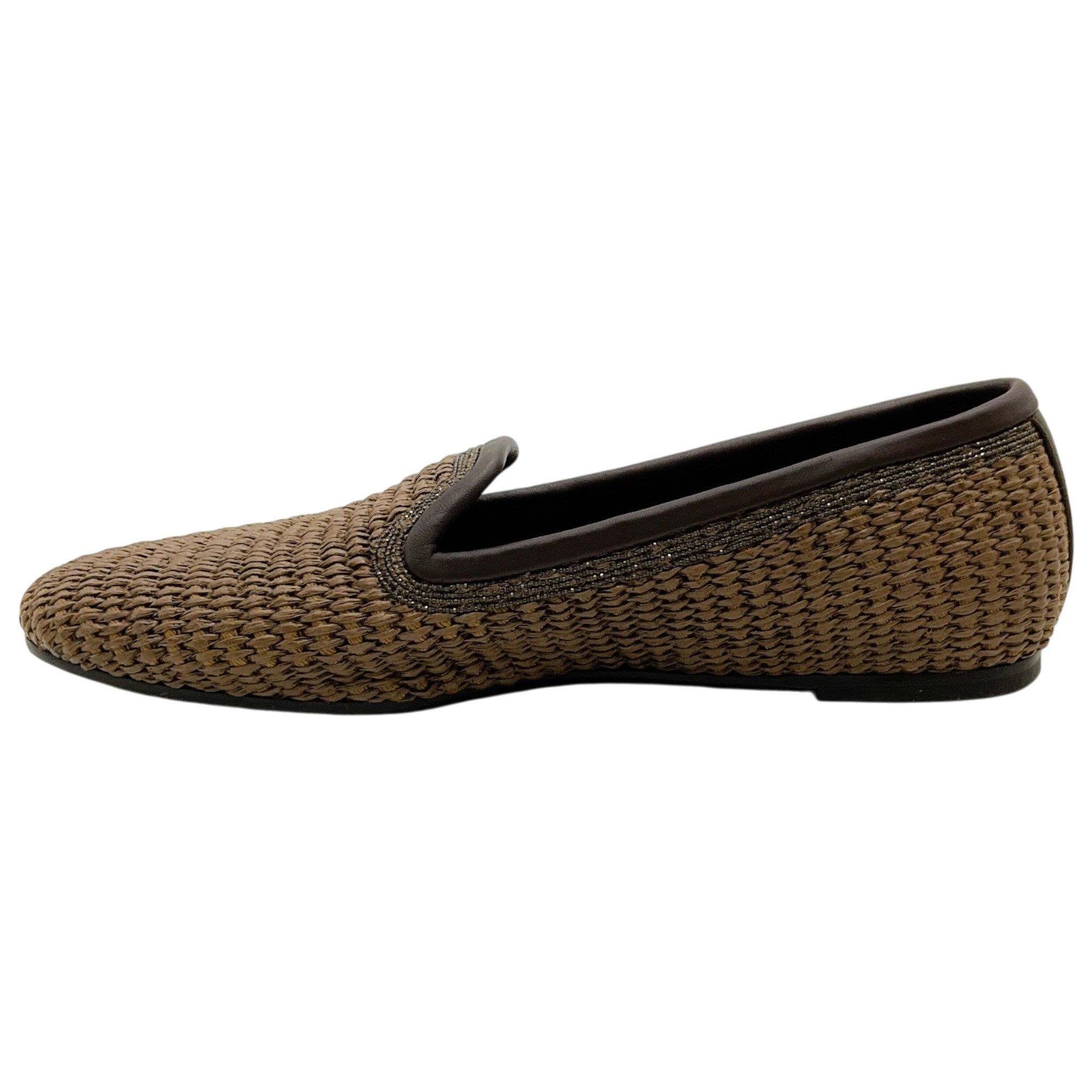 Brunello Cucinelli Brown Woven Raffia Flats with Monili