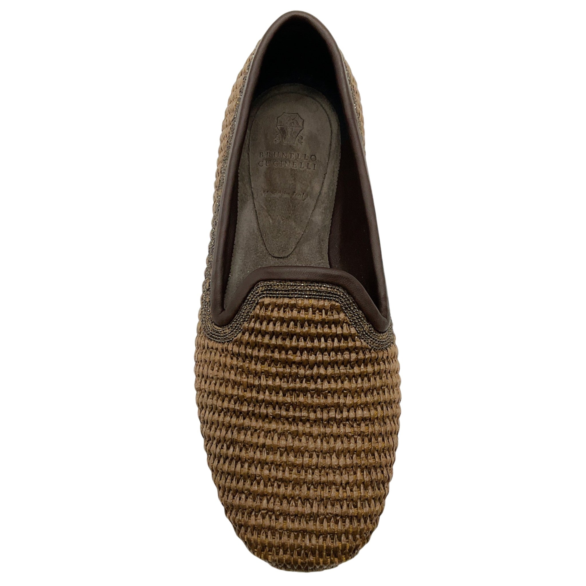 Brunello Cucinelli Brown Woven Raffia Flats with Monili