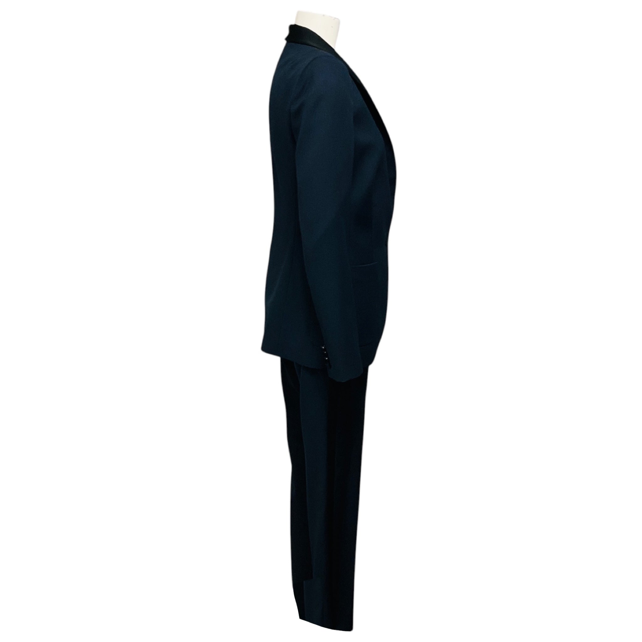 Pallas Navy Blue / Black Satin Trimmed Wool Crepe Jacket and Pants Suit Set