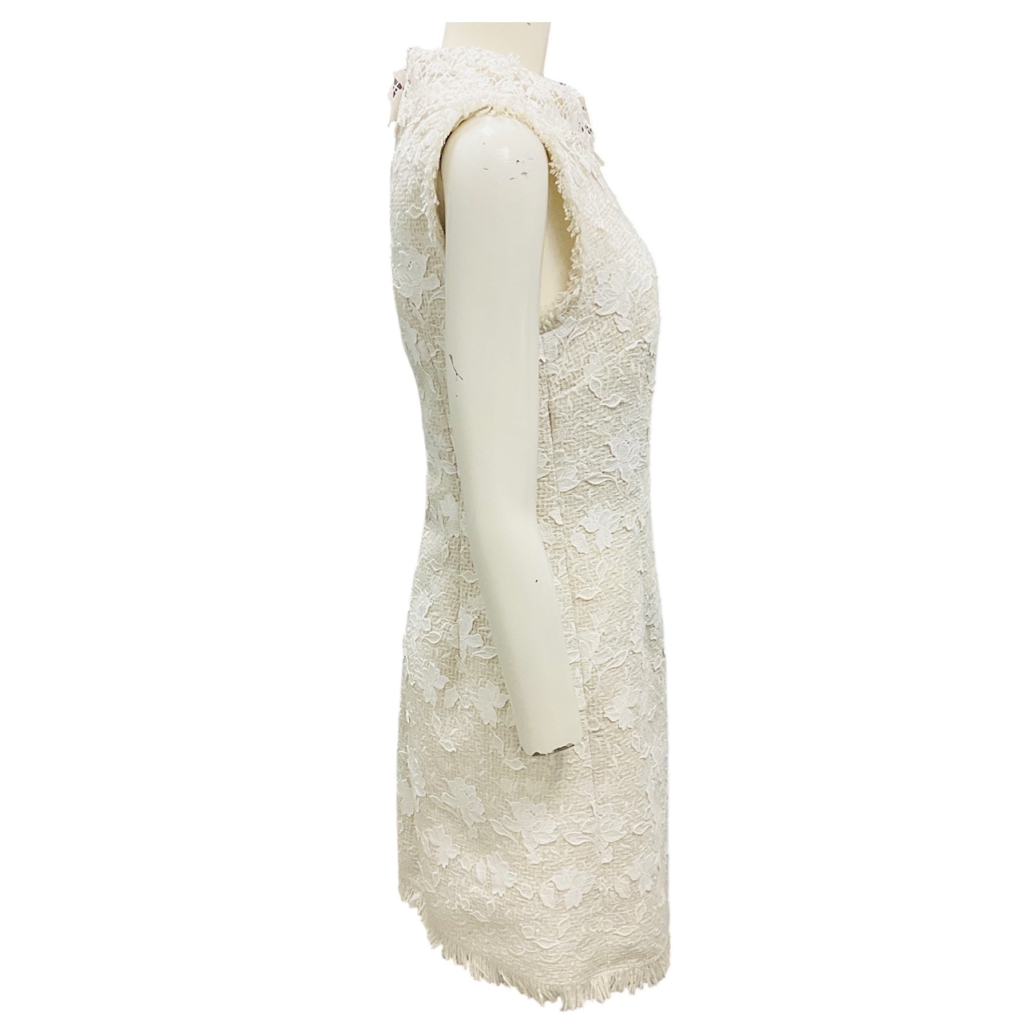 Oscar de la Renta White Gardenia Embroidered Tweed Dress