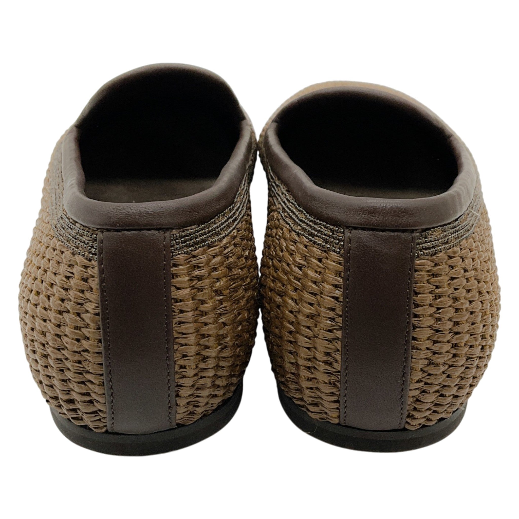 Brunello Cucinelli Brown Woven Raffia Flats with Monili