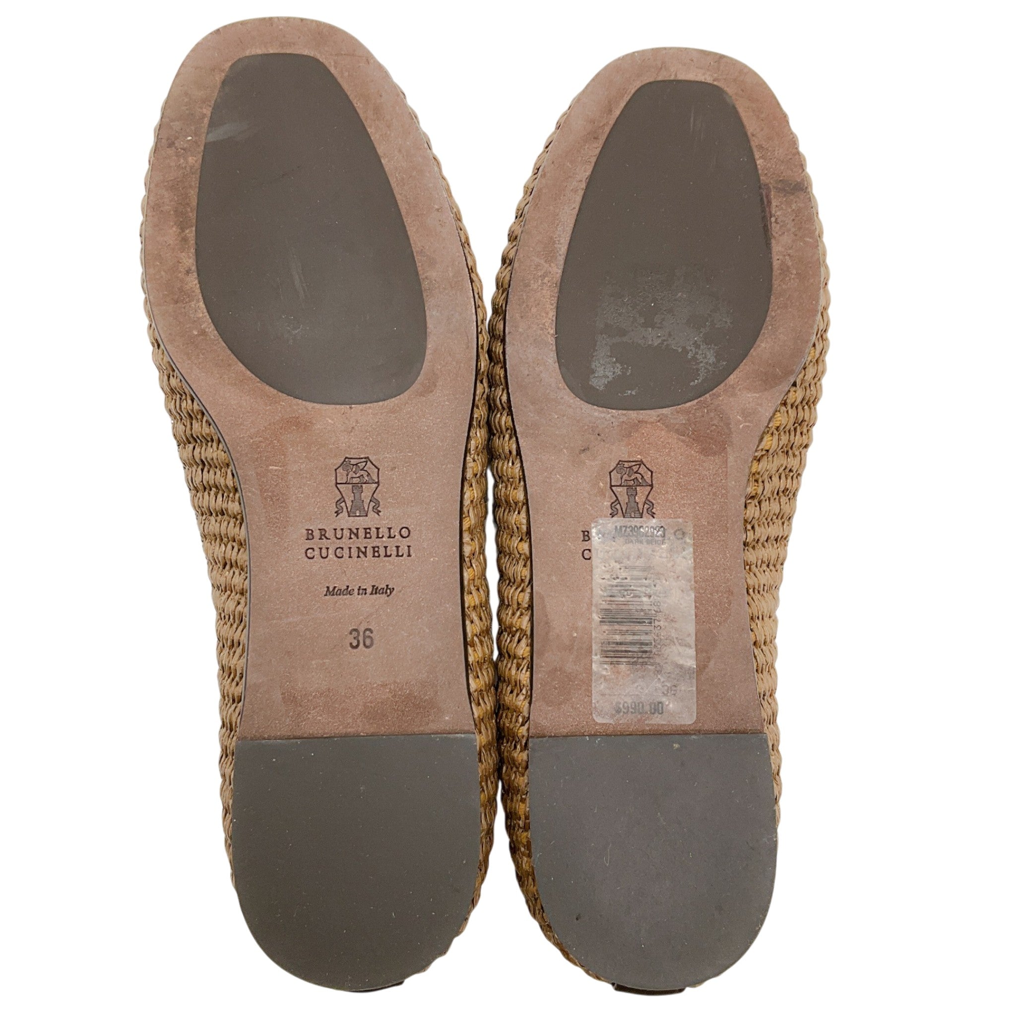 Brunello Cucinelli Brown Woven Raffia Flats with Monili