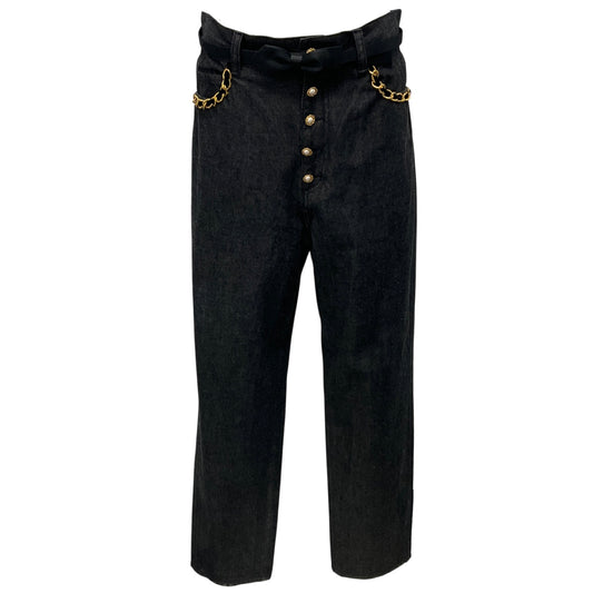 Muveil Washed Black Pearl and Chain Embellished Dark Denim Jeans