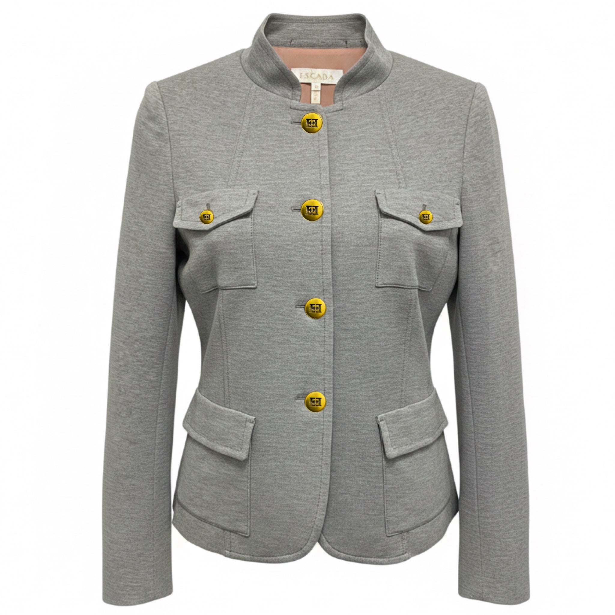 Escada Open Grey Bellis Stretch Jersey Jacket with Gold Logo Buttons