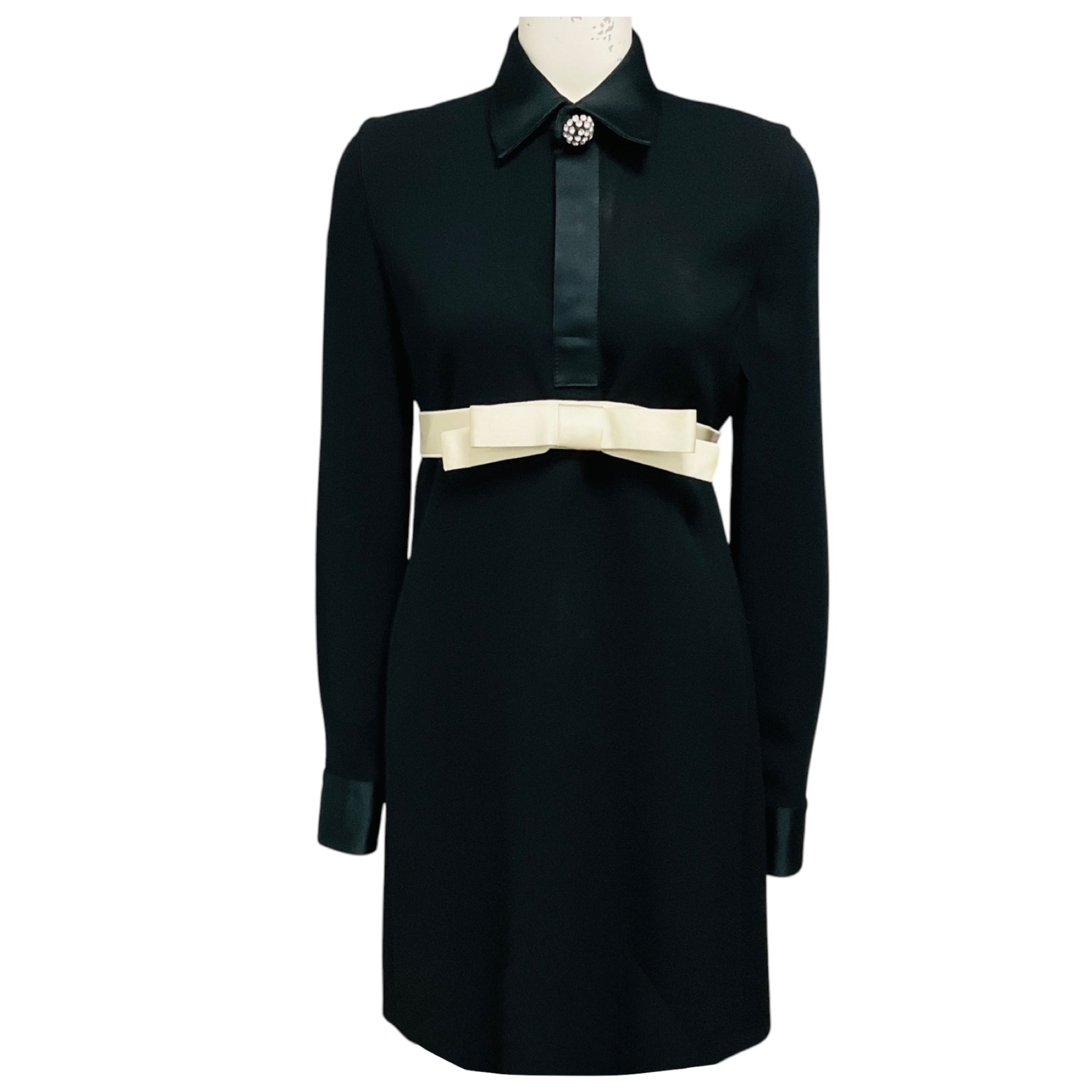Giambattista Valli Black / Ivory Satin Bow Waist Long Sleeved Crepe Dress with Crystal Embellished Button