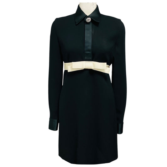 Giambattista Valli Black / Ivory Satin Bow Waist Long Sleeved Crepe Dress with Crystal Embellished Button