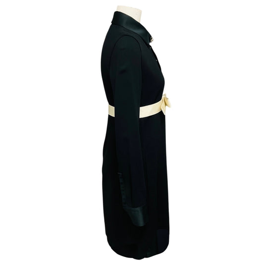 Giambattista Valli Black / Ivory Satin Bow Waist Long Sleeved Crepe Dress with Crystal Embellished Button