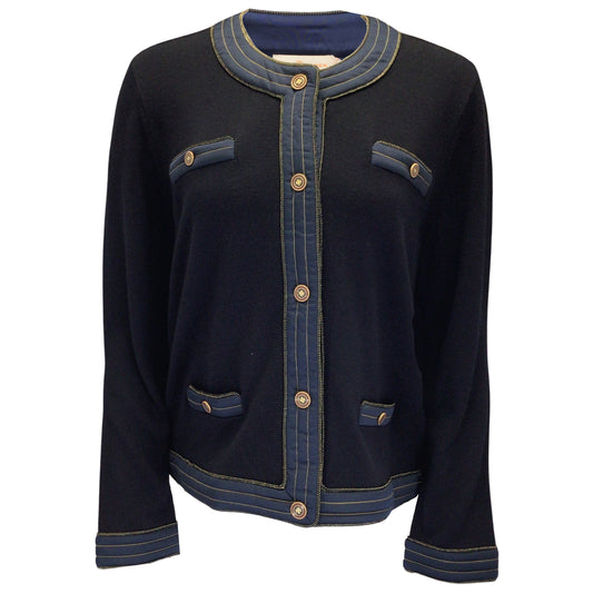 Tory Burch Navy Blue Trapunto Embellished Kendra Cardigan Sweater