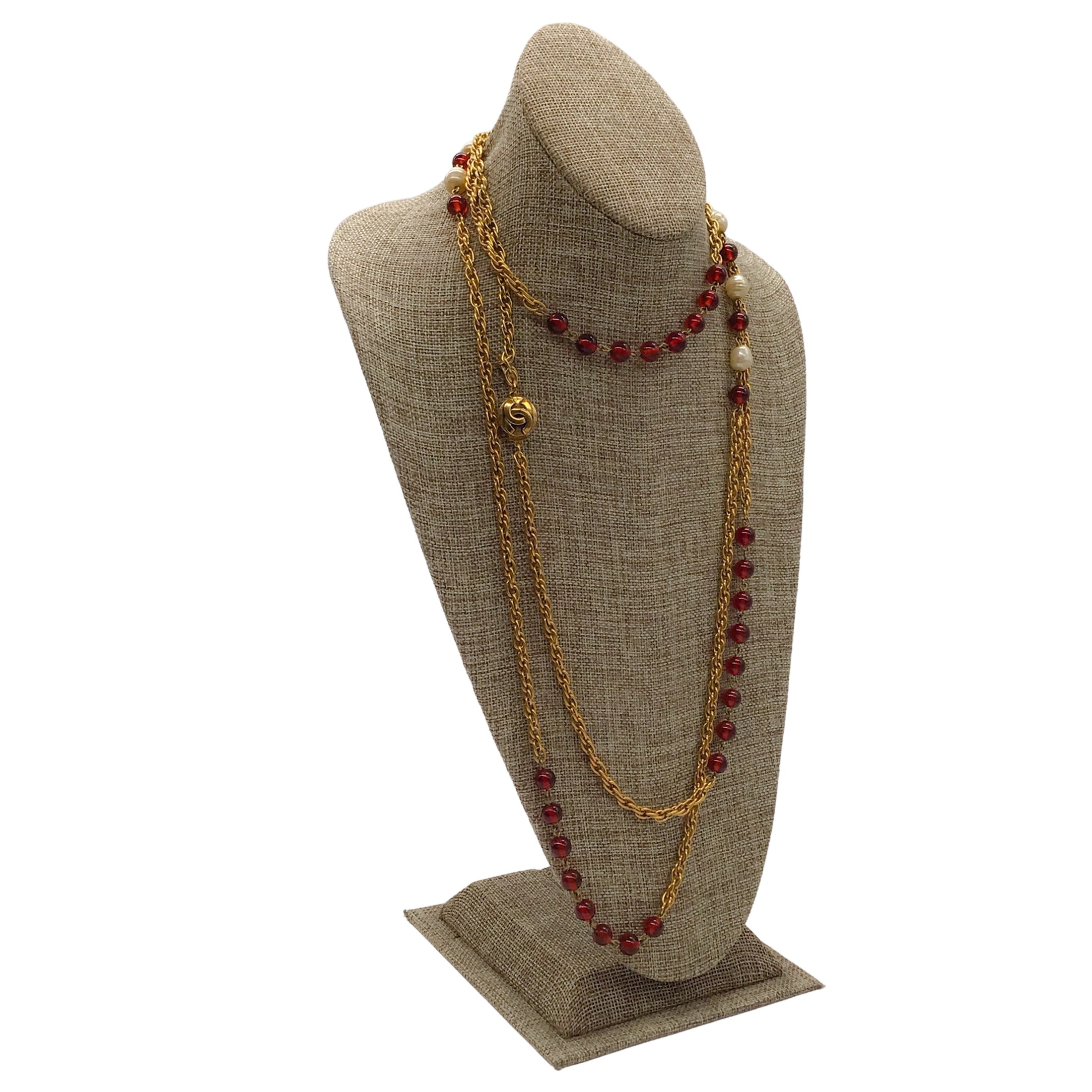 Chanel Vintage 1984 Red / Gold / Faux Pearl Gripoix Baroque Necklace