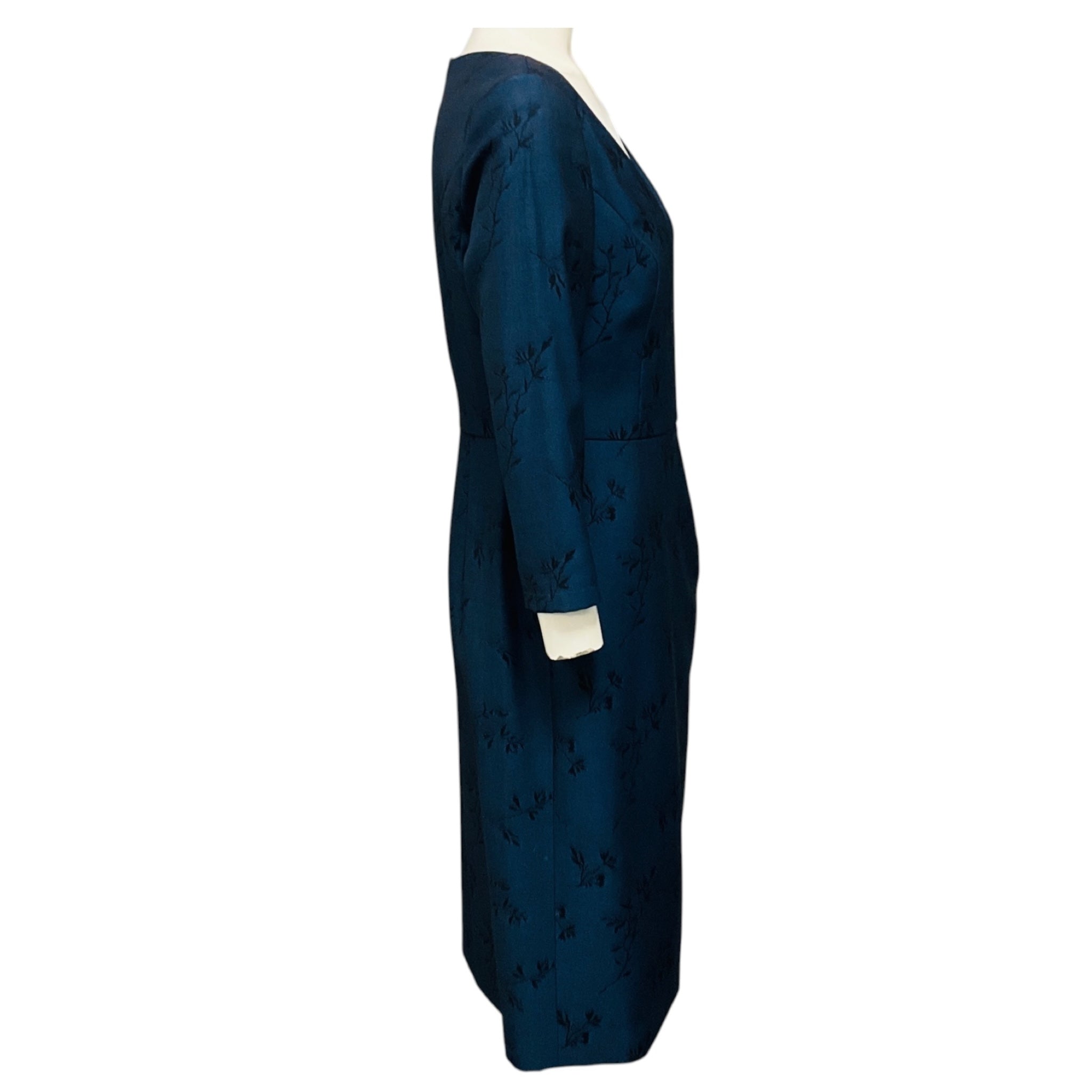 Carolina Herrera Navy Blue Long Sleeved Floral Jacquard Midi Dress