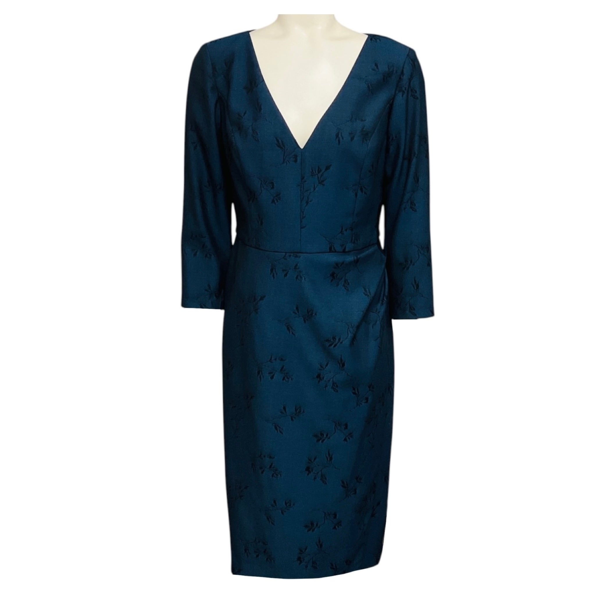 Carolina Herrera Navy Blue Long Sleeved Floral Jacquard Midi Dress