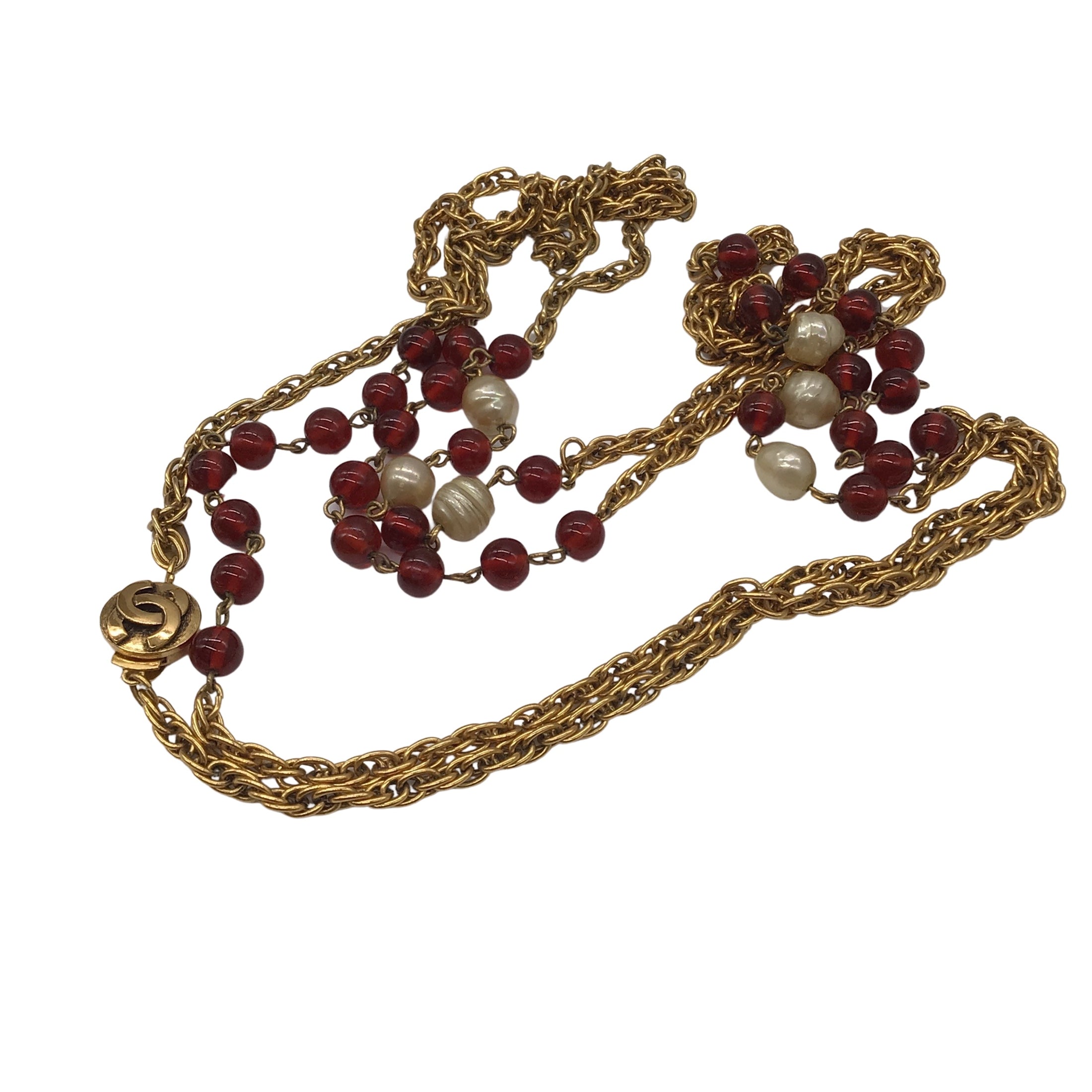 Chanel Vintage 1984 Red / Gold / Faux Pearl Gripoix Baroque Necklace