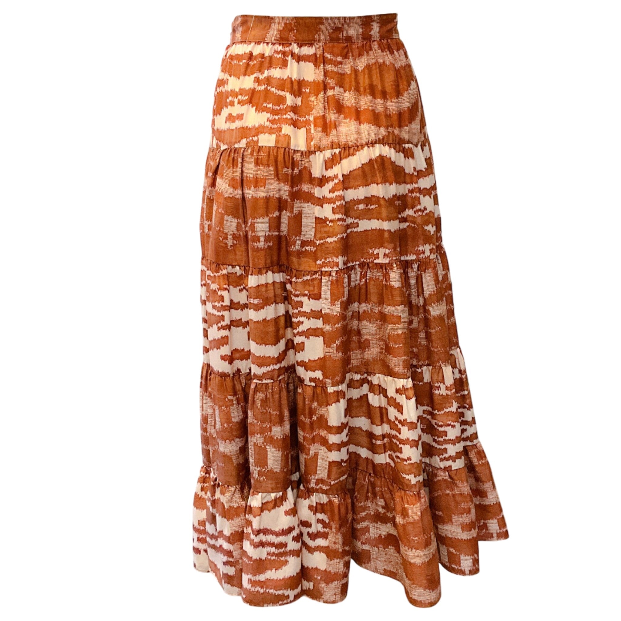 Ulla Johnson Fawn Brown Silk Abstract Print Aisa Tiered Midi Skirt