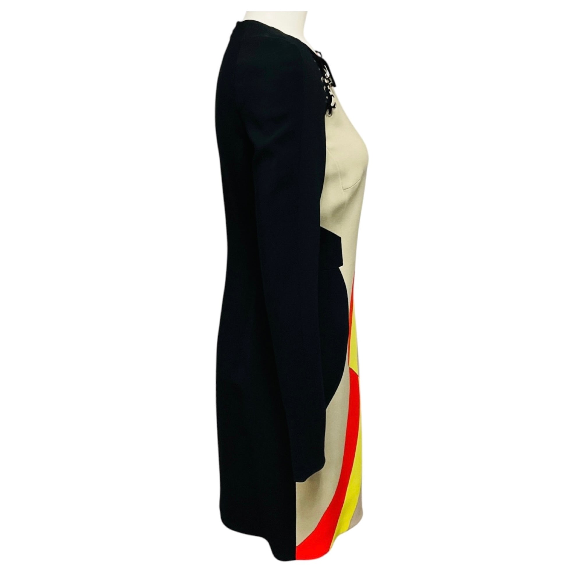 Emilio Pucci Black / Beige Multi Pucci Print Long Sleeved Crepe Dress with Lace Up Detail