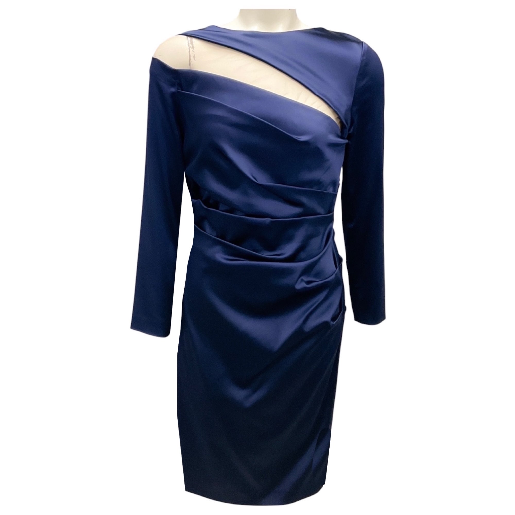 Talbot Runhof Navy Mesh Tulle Detail Long Sleeved Satin Cocktail Dress