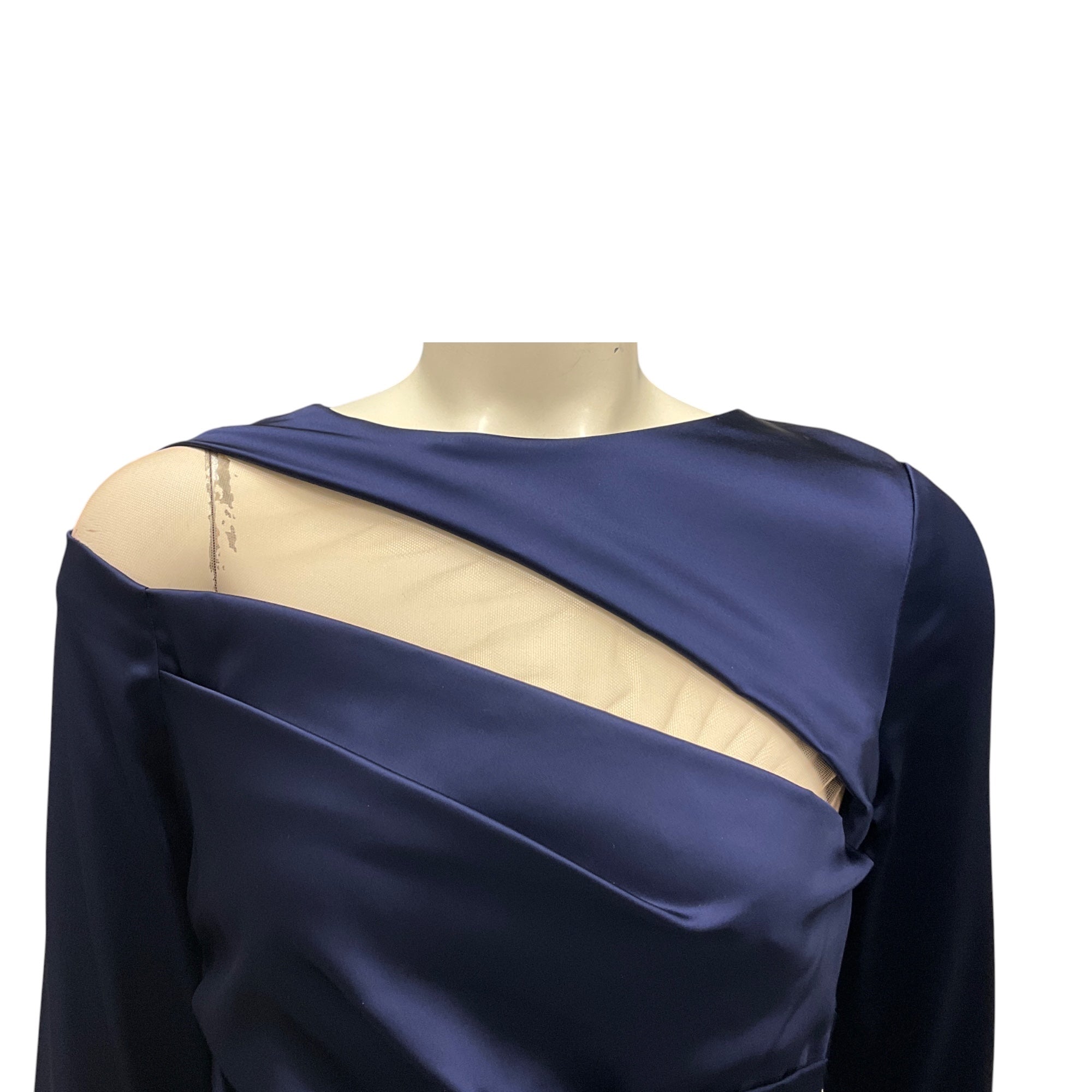 Talbot Runhof Navy Mesh Tulle Detail Long Sleeved Satin Cocktail Dress