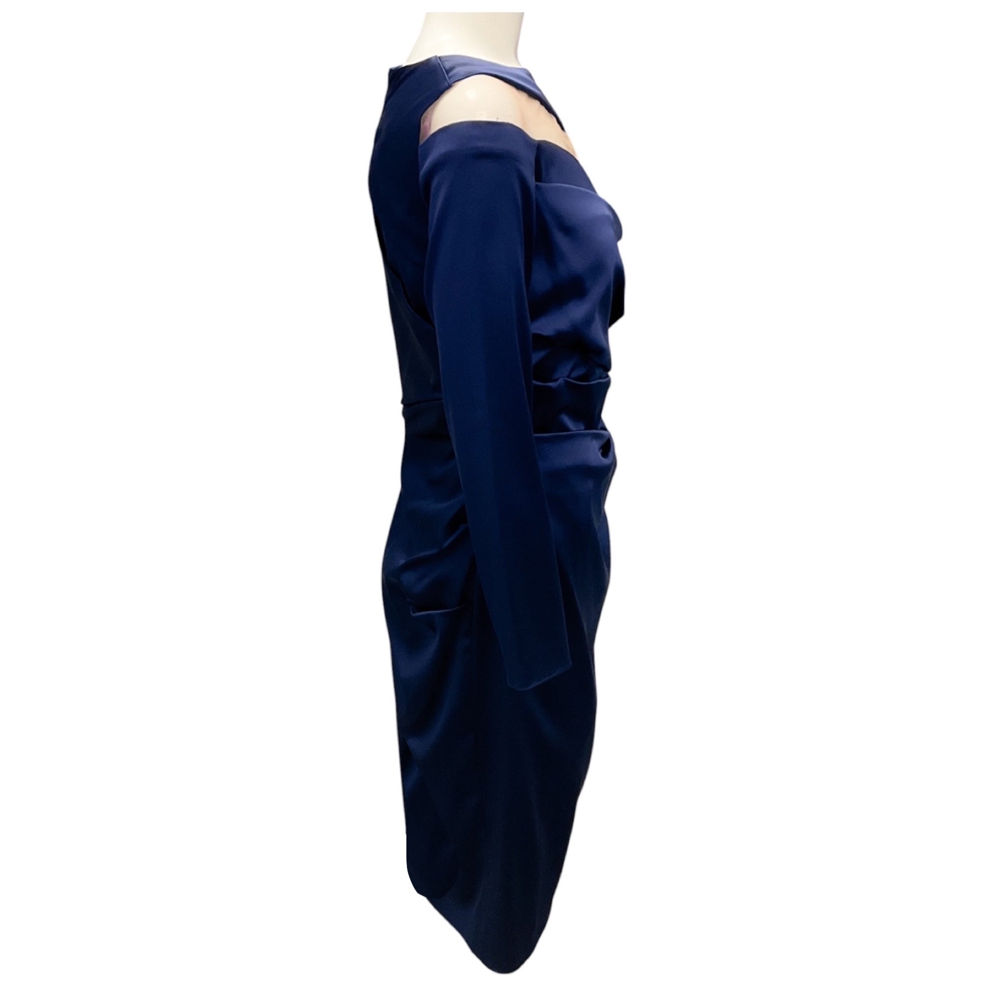Talbot Runhof Navy Mesh Tulle Detail Long Sleeved Satin Cocktail Dress