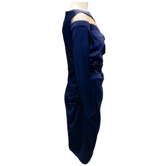 Talbot Runhof Navy Mesh Tulle Detail Long Sleeved Satin Cocktail Dress
