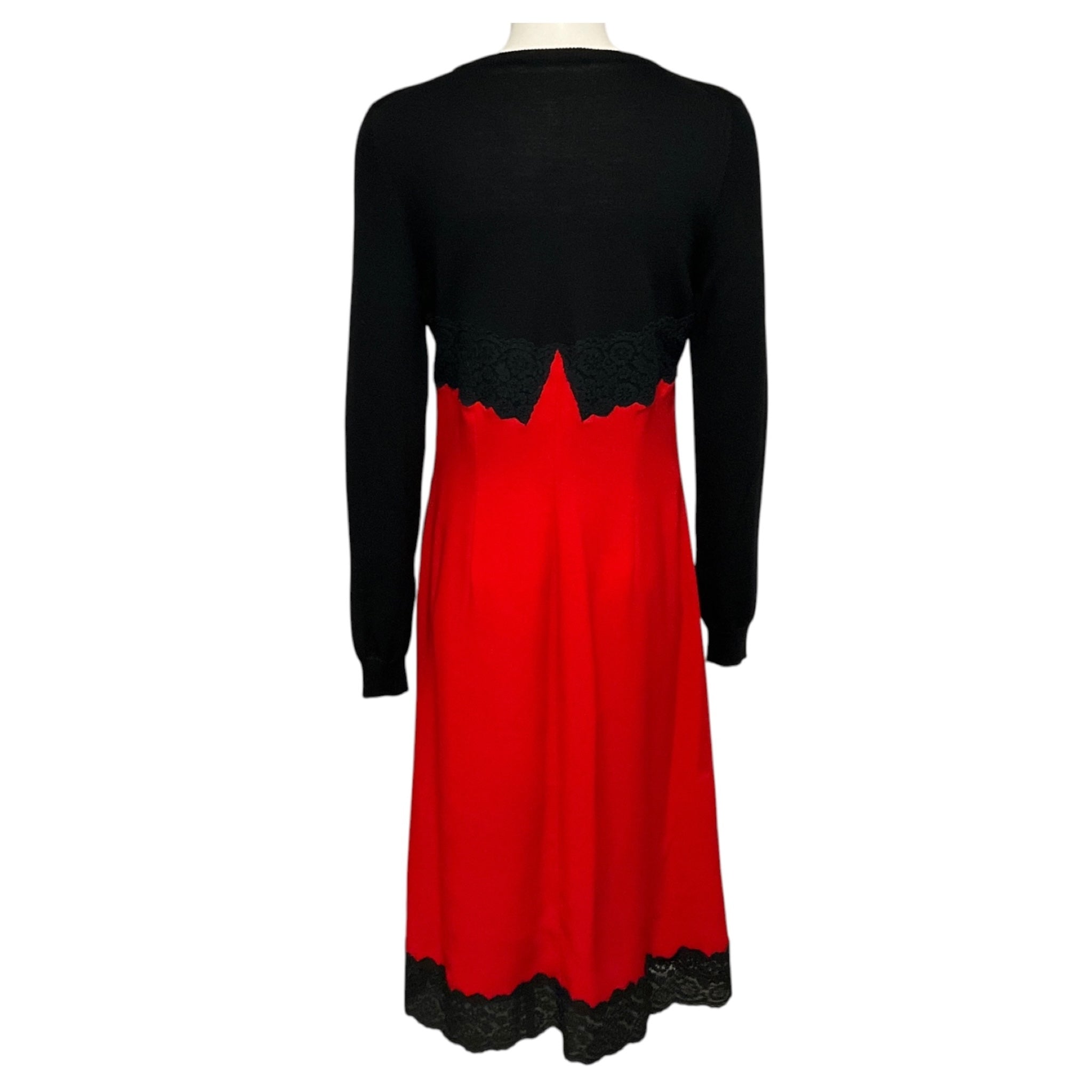 Altuzarra Black / Red Merino Wool Knit and Crepe Dress with Lace Trim