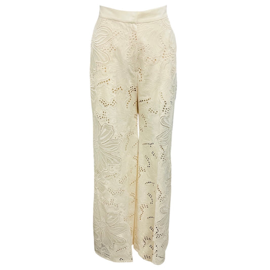 Elie Saab Off White Cotton Embroidered Wide Leg Palazzo Pants