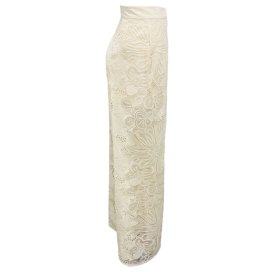 Elie Saab Off White Cotton Embroidered Wide Leg Palazzo Pants