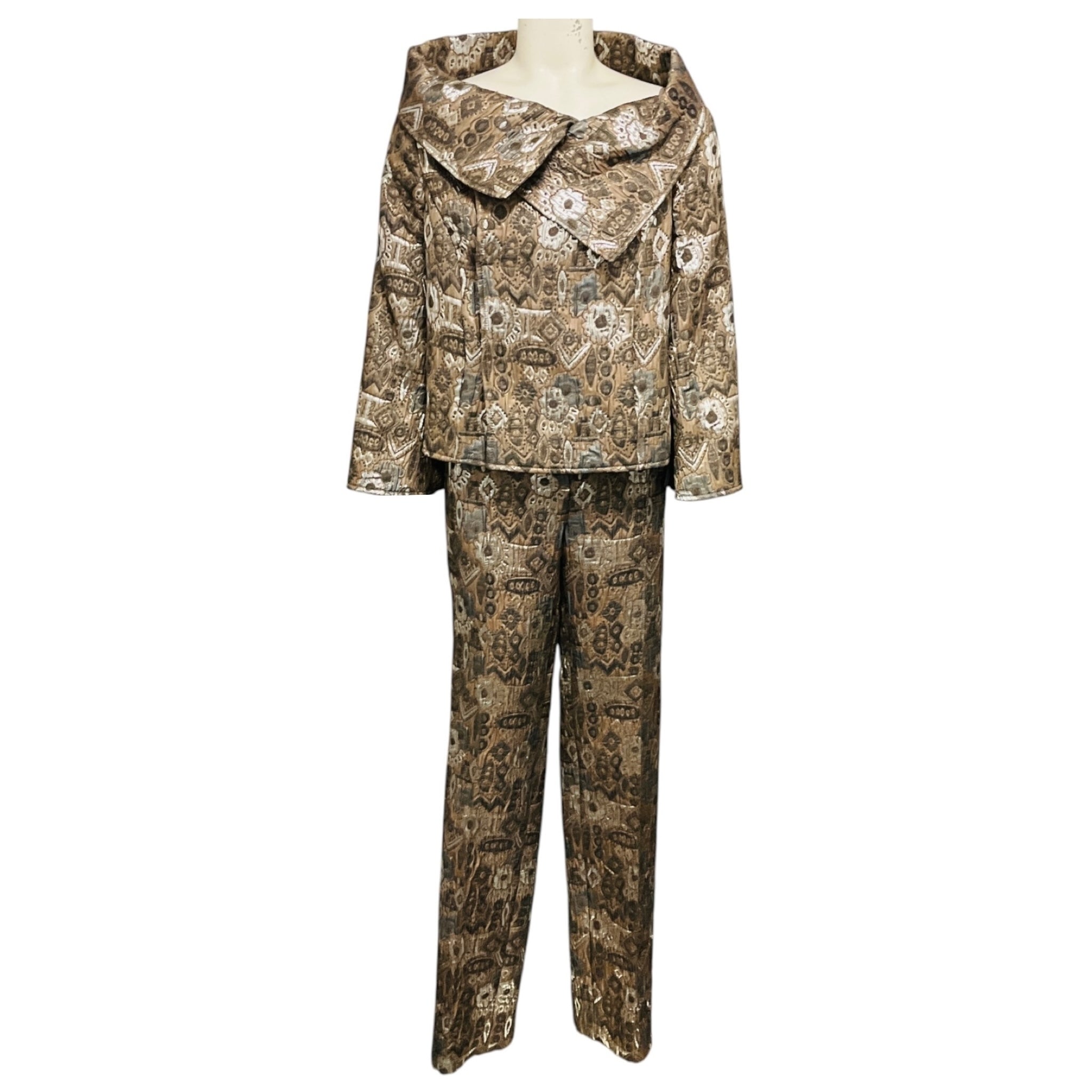 Oscar de la Renta Taupe / Silver Metallic Jacquard Jacket and Pants Suit Set
