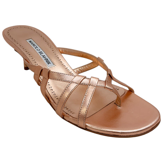 Manolo Blahnik Rose Gold Metallic Leather Slide Sandals
