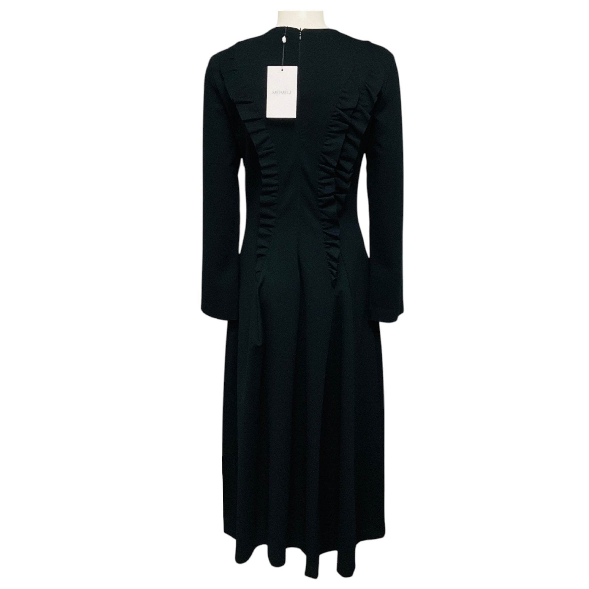 MeiMeij Black Ruffled Long Sleeved Jersey Stretch Midi Dress