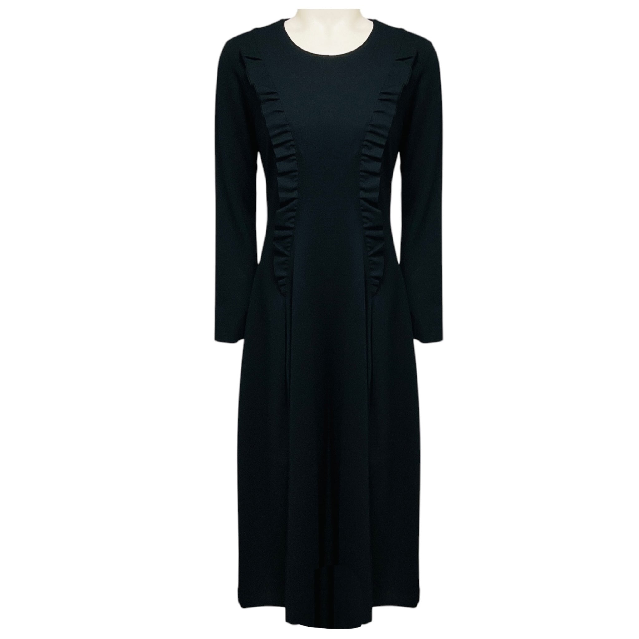 MeiMeij Black Ruffled Long Sleeved Jersey Stretch Midi Dress