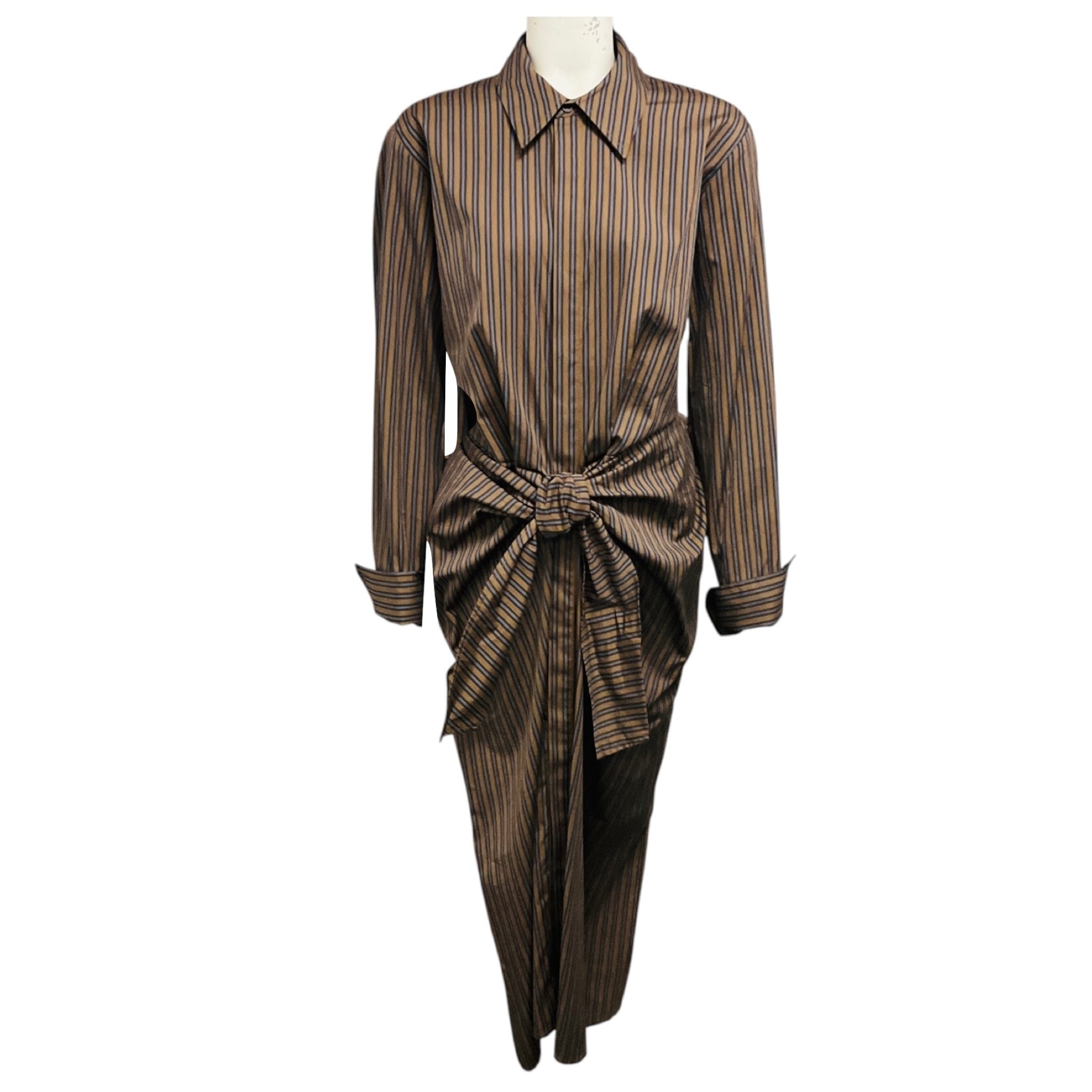 A.L.C. Brown Multi Mila Striped Long Sleeve Midi Shirt Dress