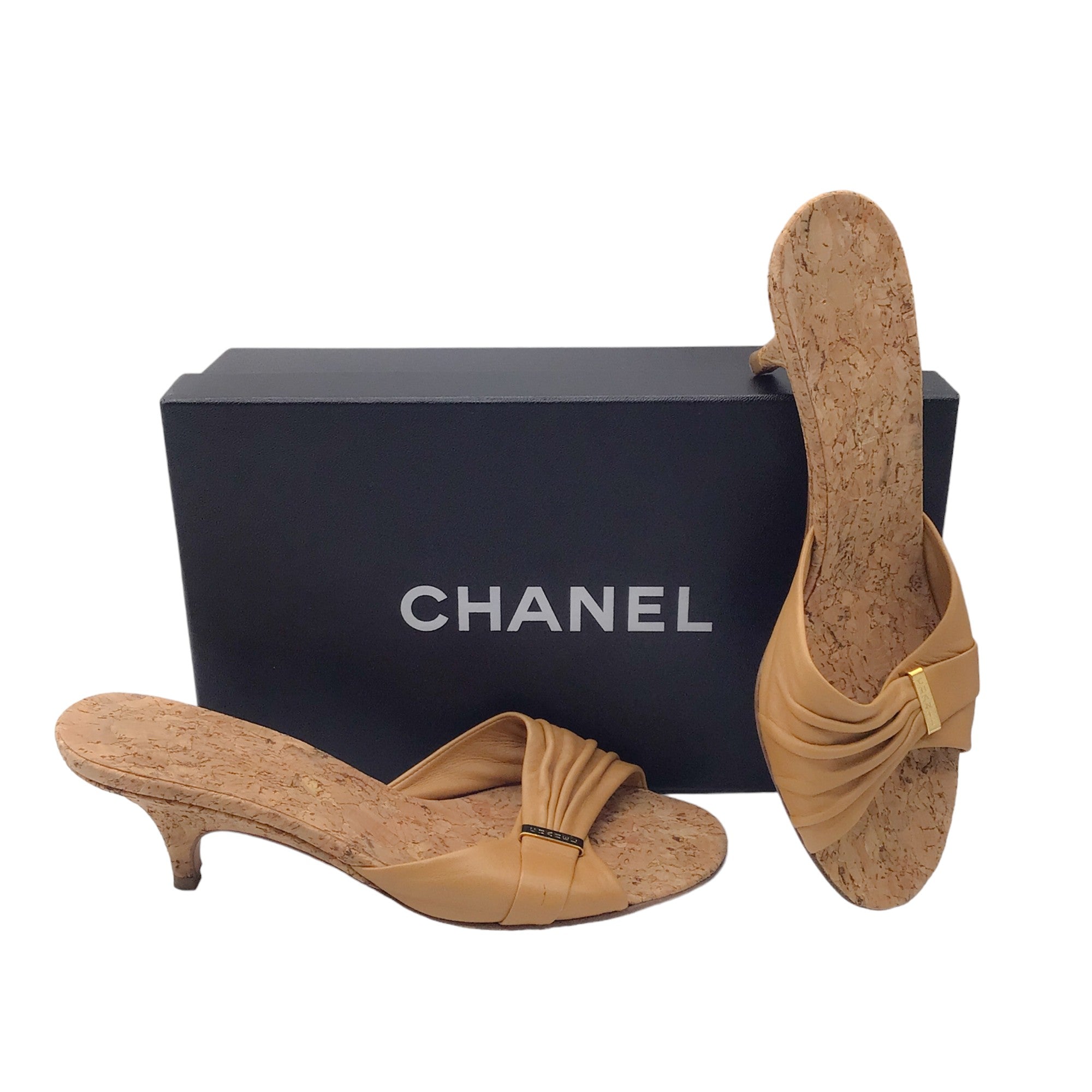 Chanel Tan Leather and Cork Kitten Heel Sandals
