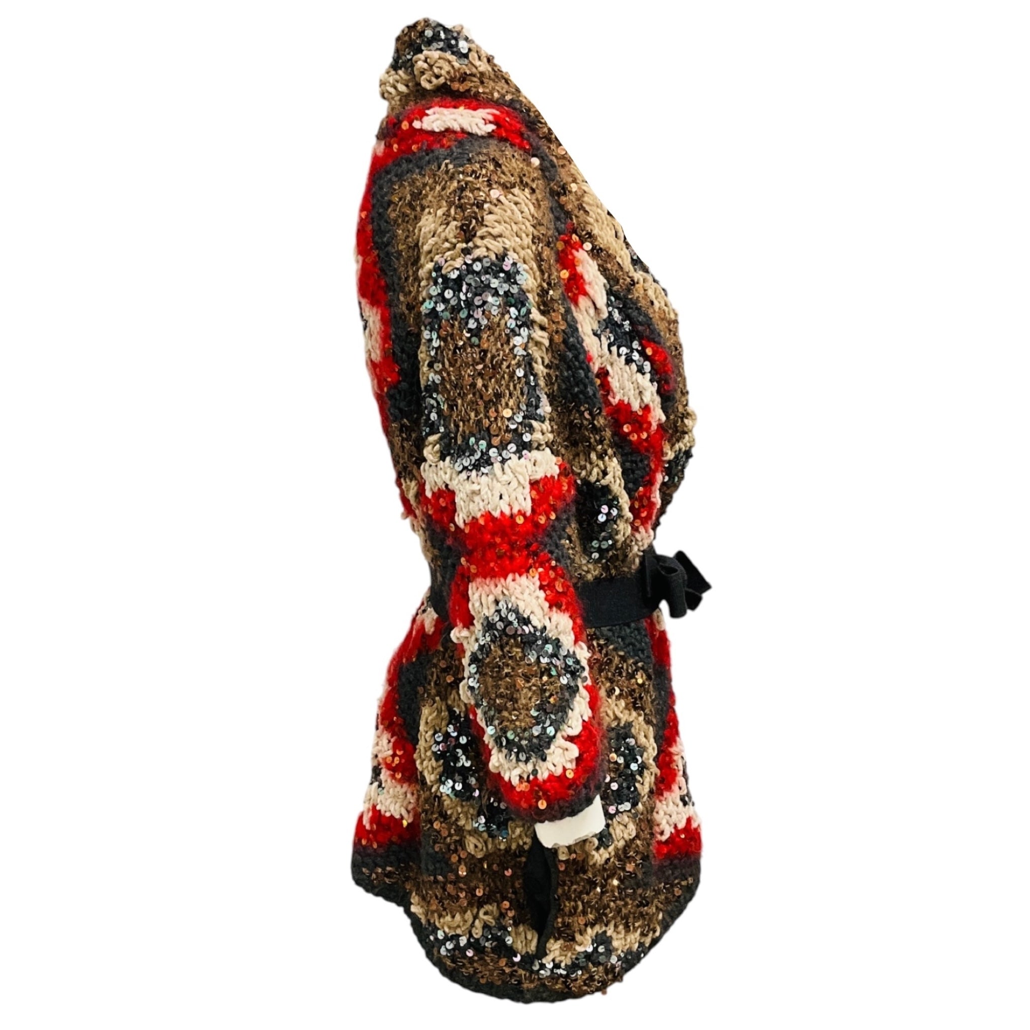 Brunello Cucinelli Red / Grey / Beige Multi Chunky Knit Belted Cardigan with Sequin Embellishments