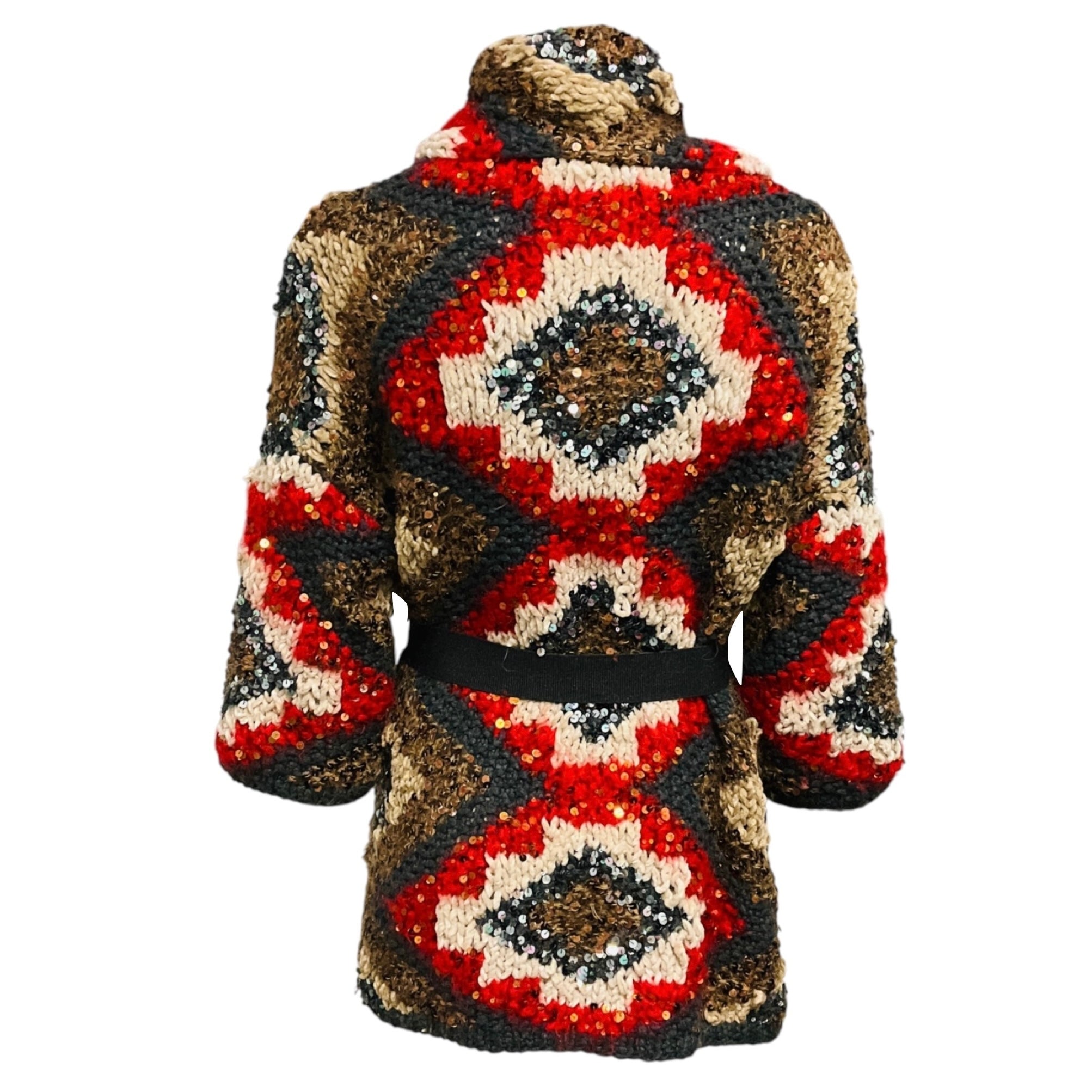 Brunello Cucinelli Red / Grey / Beige Multi Chunky Knit Belted Cardigan with Sequin Embellishments