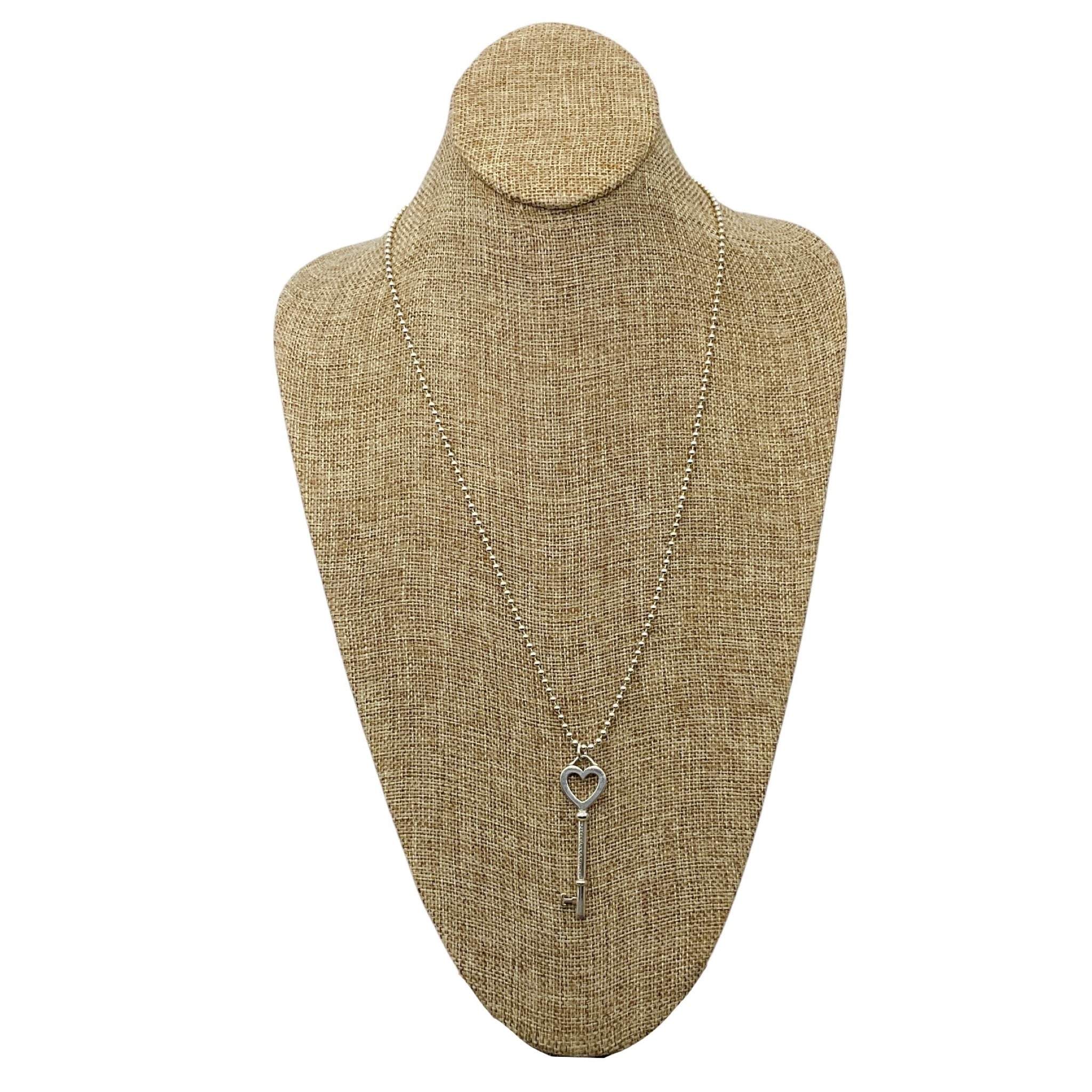 Tiffany & Co. Sterling Silver Large Heart Key Pendant Beaded Ball Chain Necklace