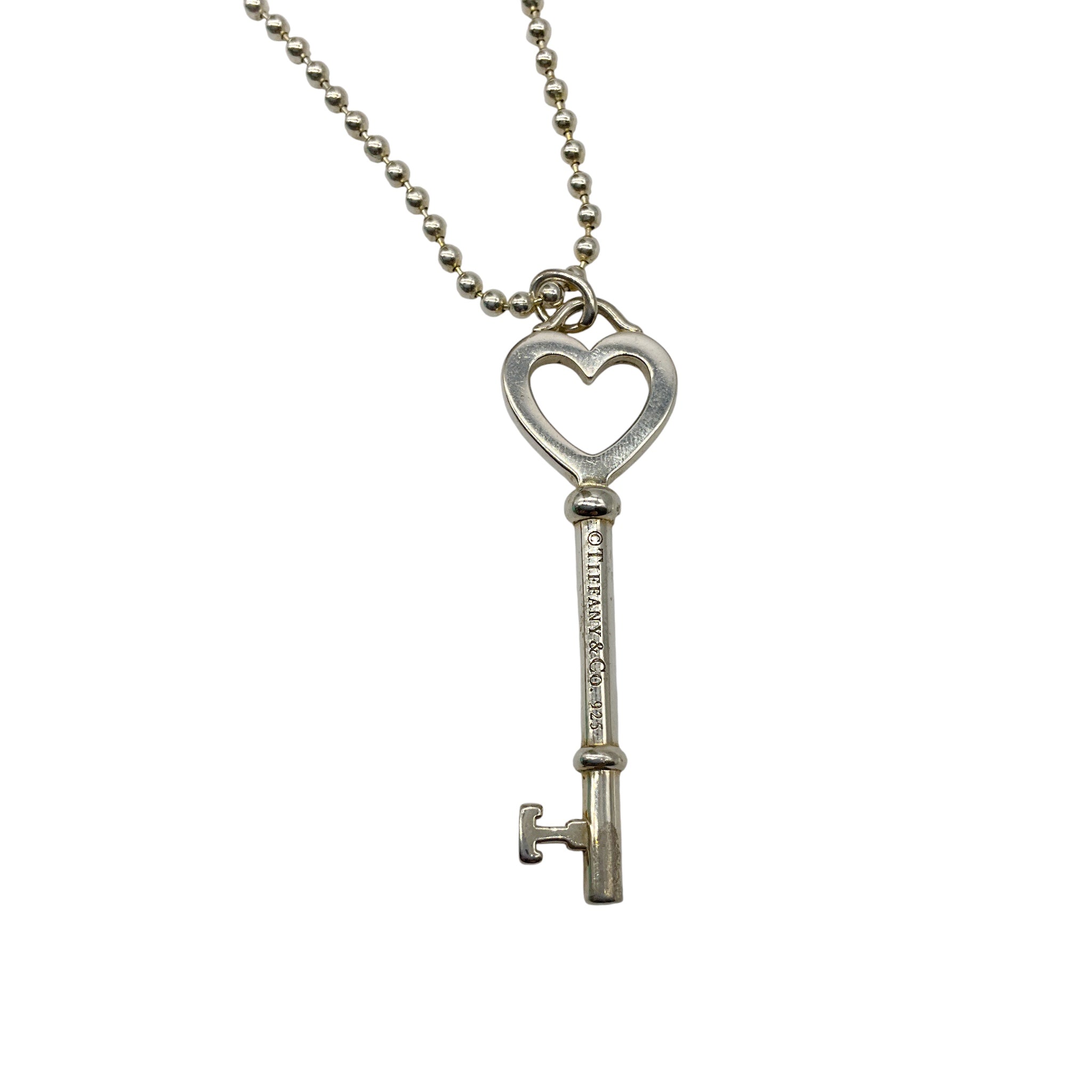 Tiffany & Co. Sterling Silver Large Heart Key Pendant Beaded Ball Chain Necklace
