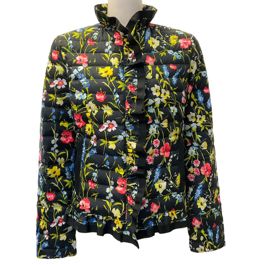 Escada Black Multi Floral Quilted Down Ruffled Puffer Jacket
