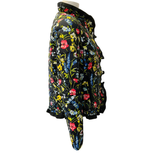 Escada Black Multi Floral Quilted Down Ruffled Puffer Jacket
