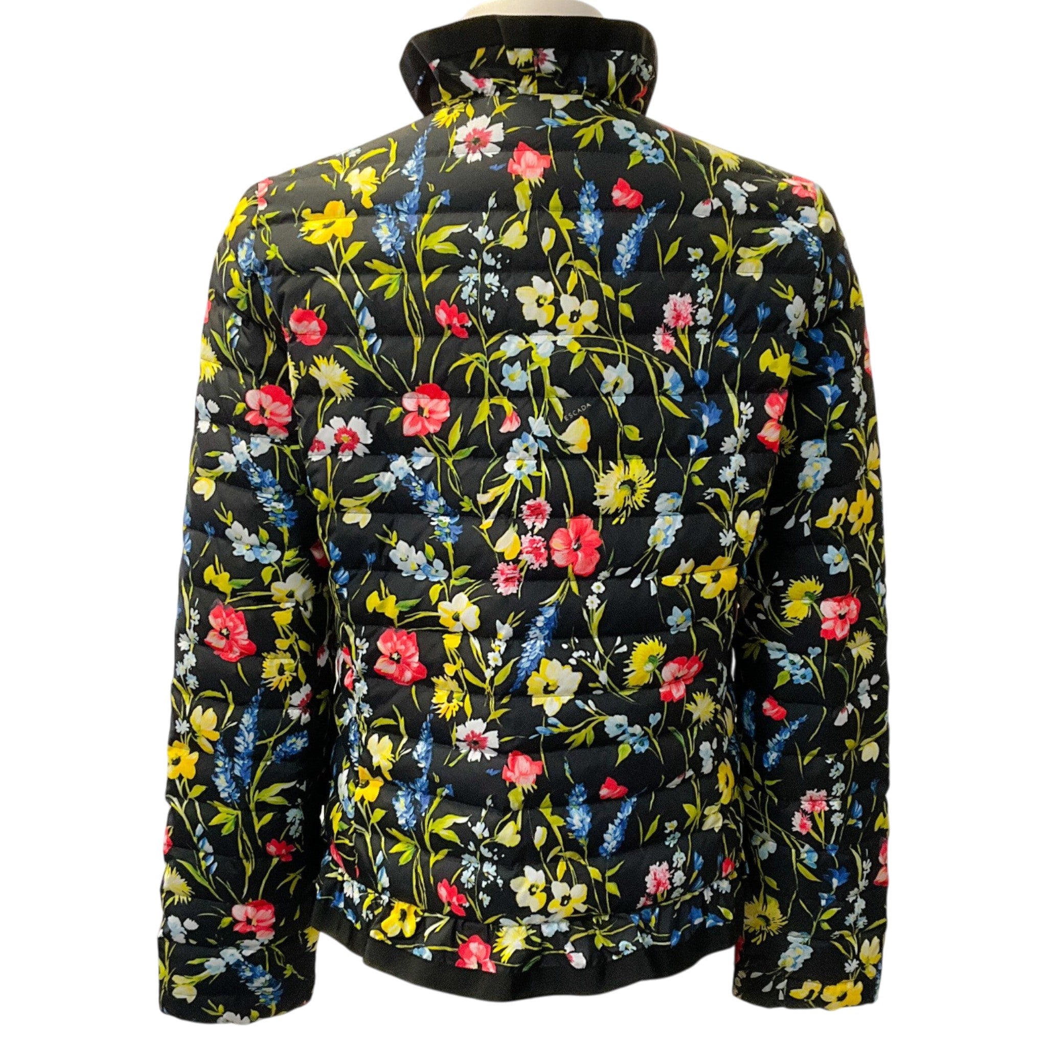 Escada Black Multi Floral Quilted Down Ruffled Puffer Jacket