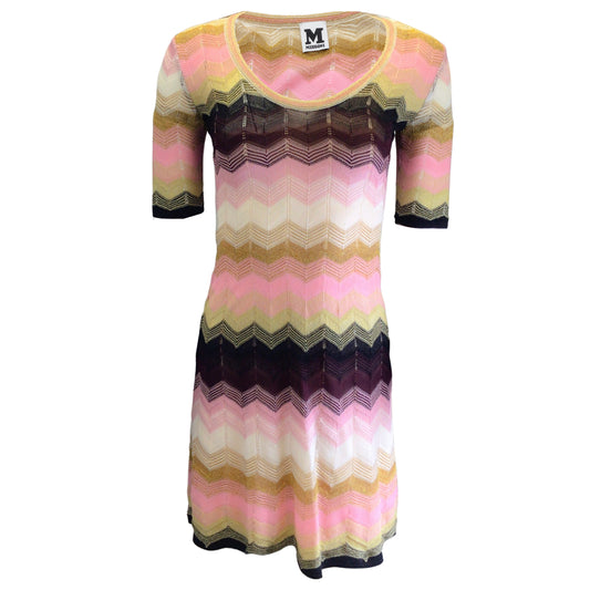 Missoni Pink / Burgundy / Gold Metallic Short Sleeved Zig Zag Knit Dress