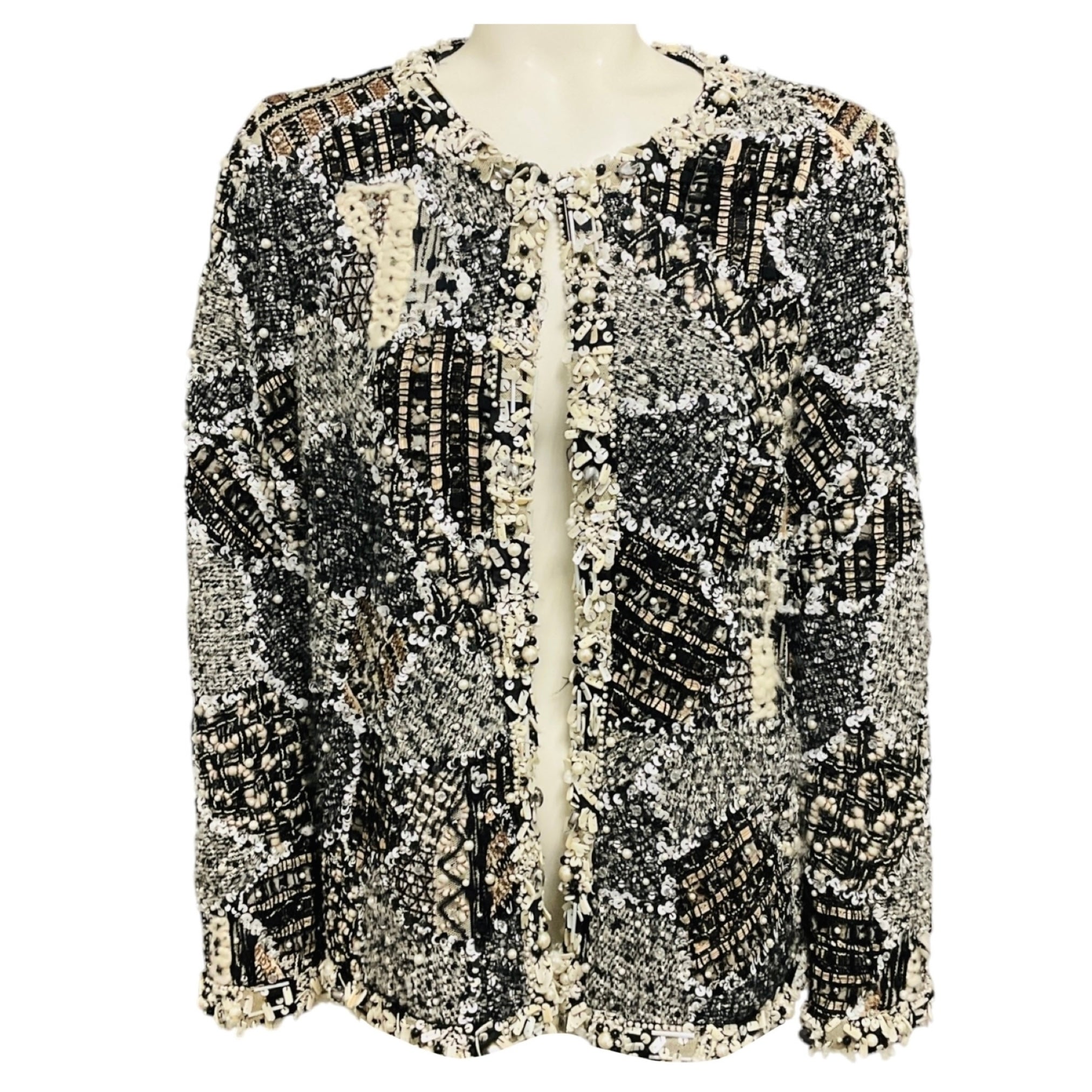 Oscar de la Renta Ivory / Black Pearl and Bead Embellished Knit Jacket with Sequins