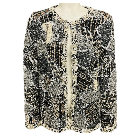 Oscar de la Renta Ivory / Black Pearl and Bead Embellished Knit Jacket with Sequins