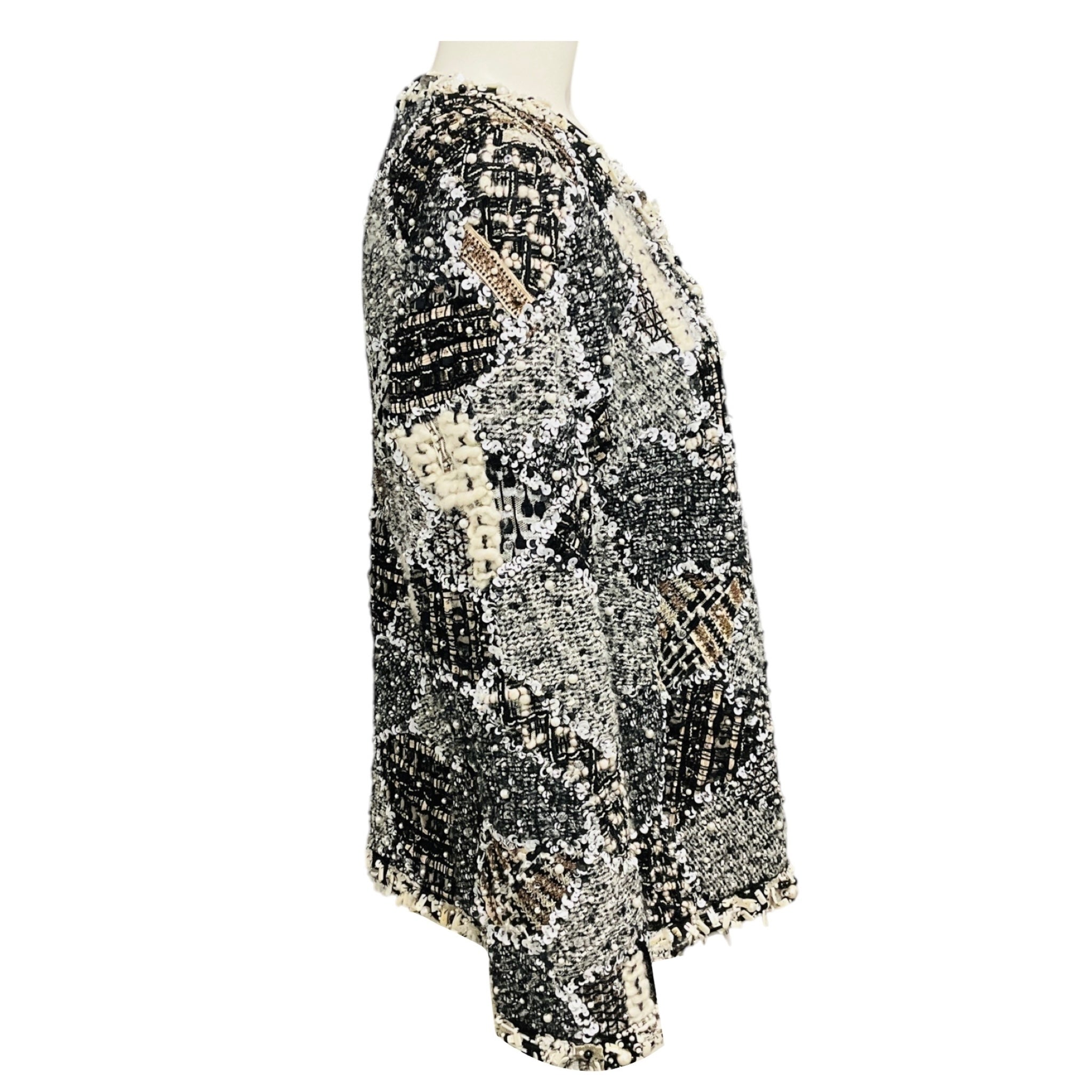Oscar de la Renta Ivory / Black Pearl and Bead Embellished Knit Jacket with Sequins