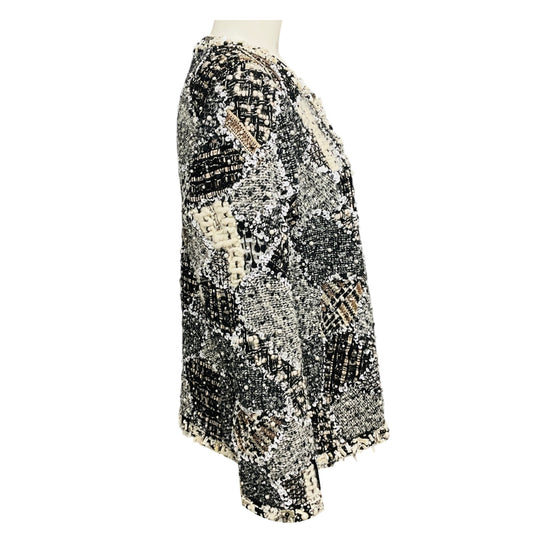 Oscar de la Renta Ivory / Black Pearl and Bead Embellished Knit Jacket with Sequins