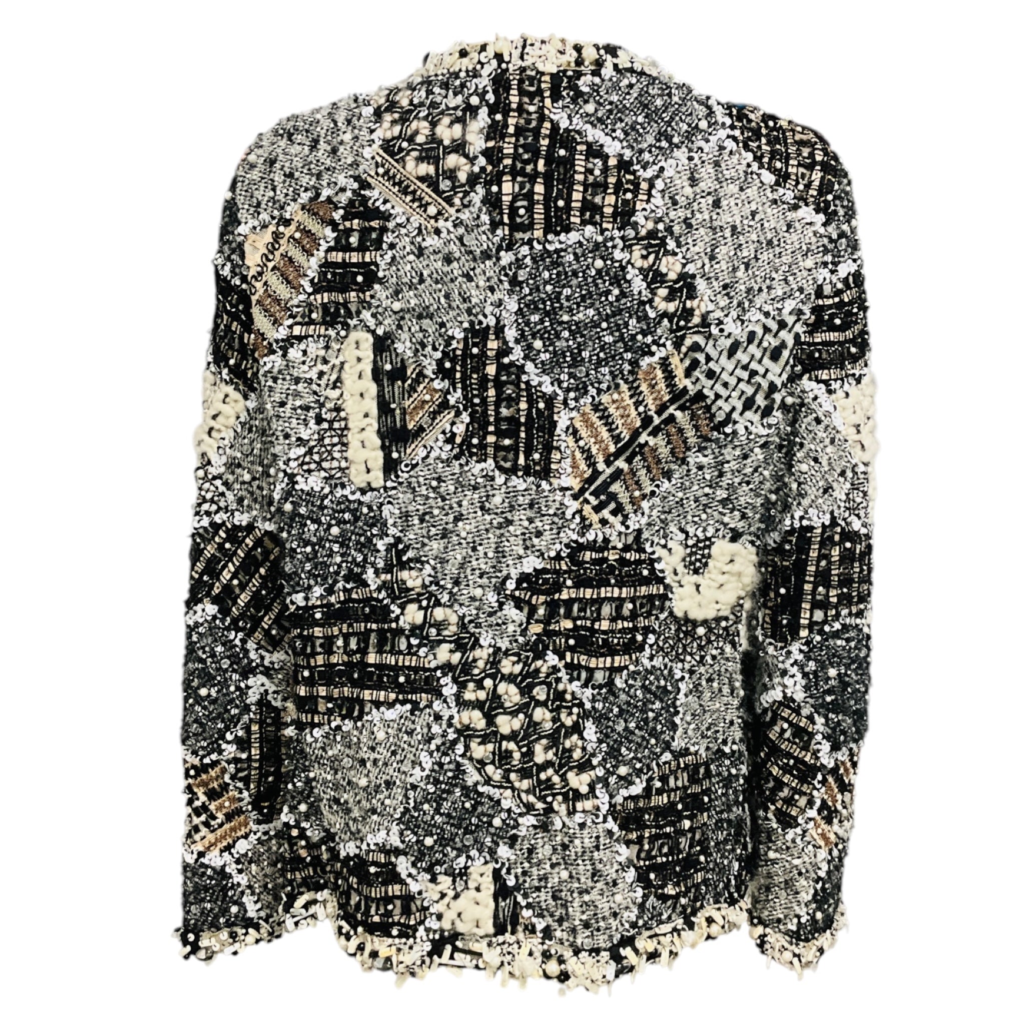 Oscar de la Renta Ivory / Black Pearl and Bead Embellished Knit Jacket with Sequins