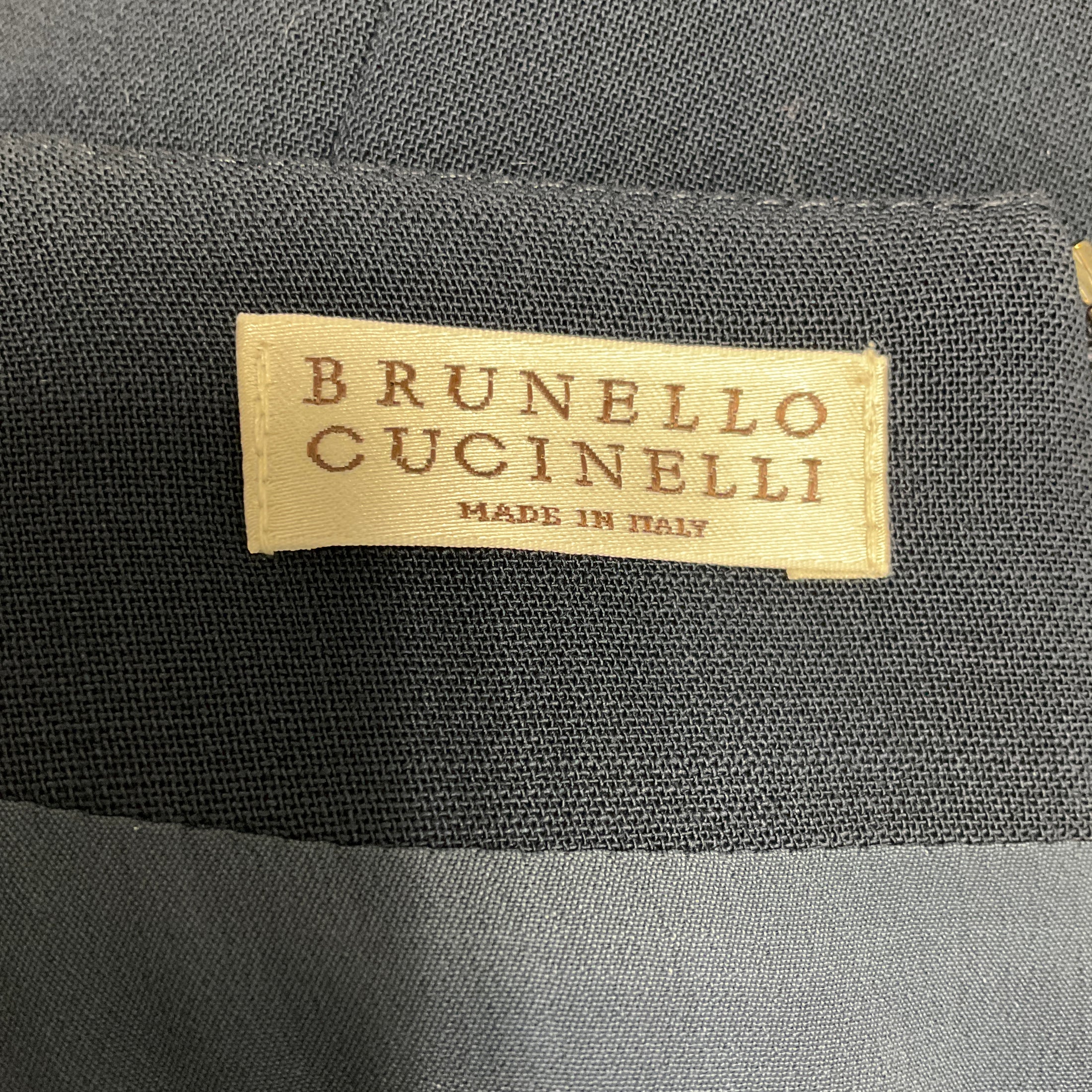 Brunello Cucinelli Navy Blue Short Sleeved Tiered Wool Crepe Midi Dress
